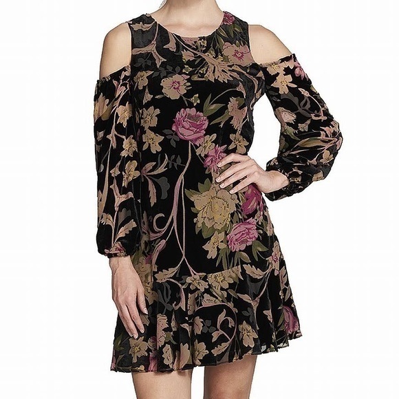 Eliza J Dresses & Skirts - Eliza J Black Velvet Floral Burnout Mini Shift Dress Formal Cocktail Ruffle Hem